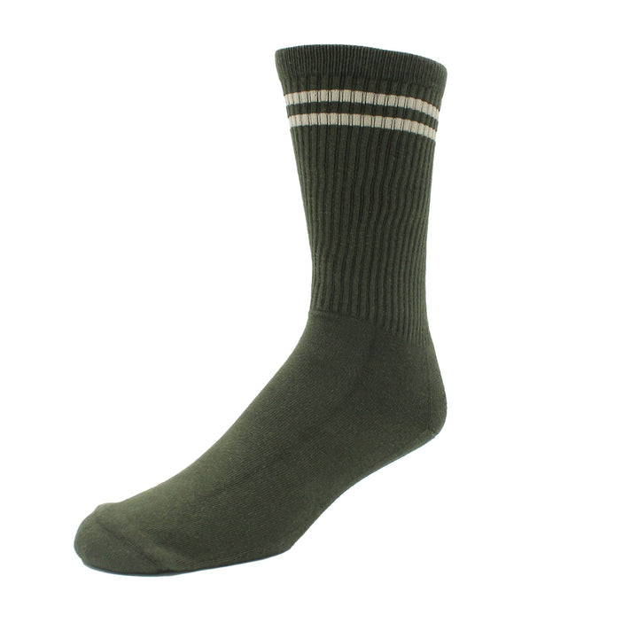 Green sock with two white stripes on a white background