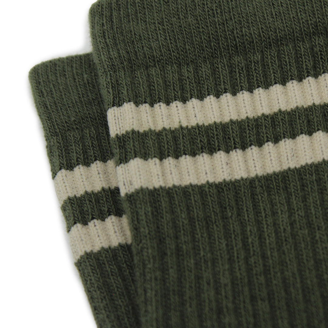 A pair of green socks with gray stripes on a white background