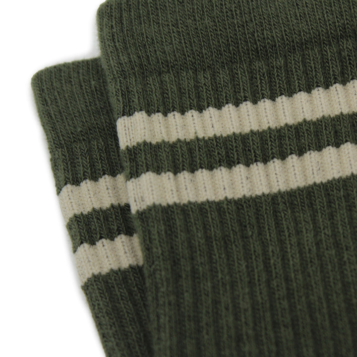 A pair of green socks with gray stripes on a white background