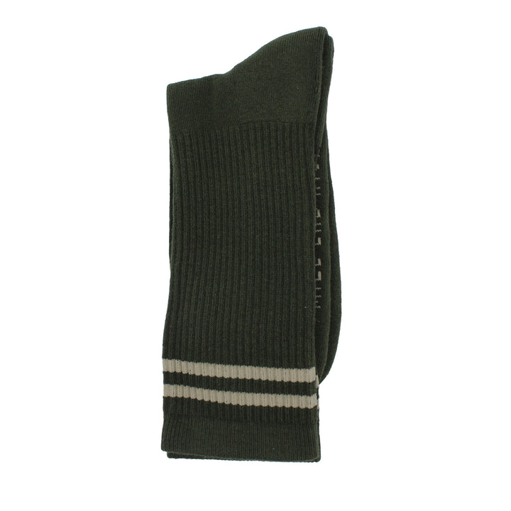 Dark green sock with two white stripes on a white background