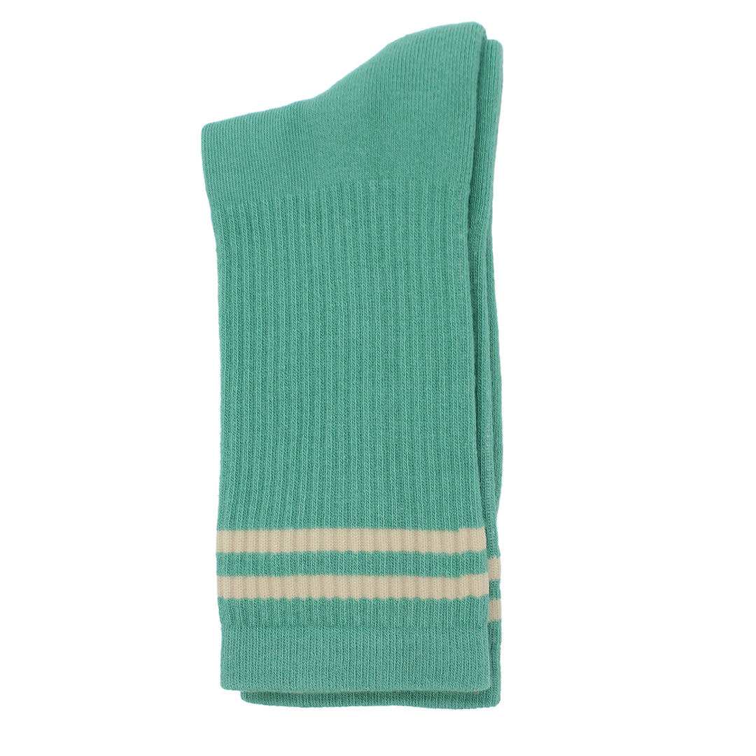 Green sock with two white stripes on a white background