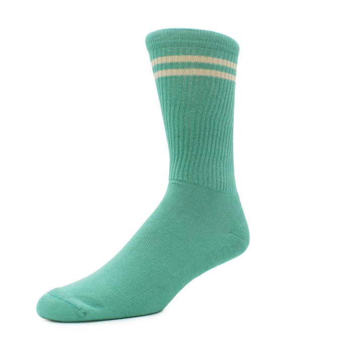 Green sock with two white stripes on a white background
