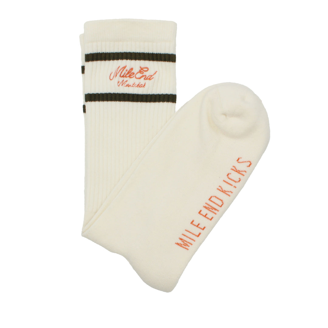 White sock with 'Mile End Kicks' branding on a white background