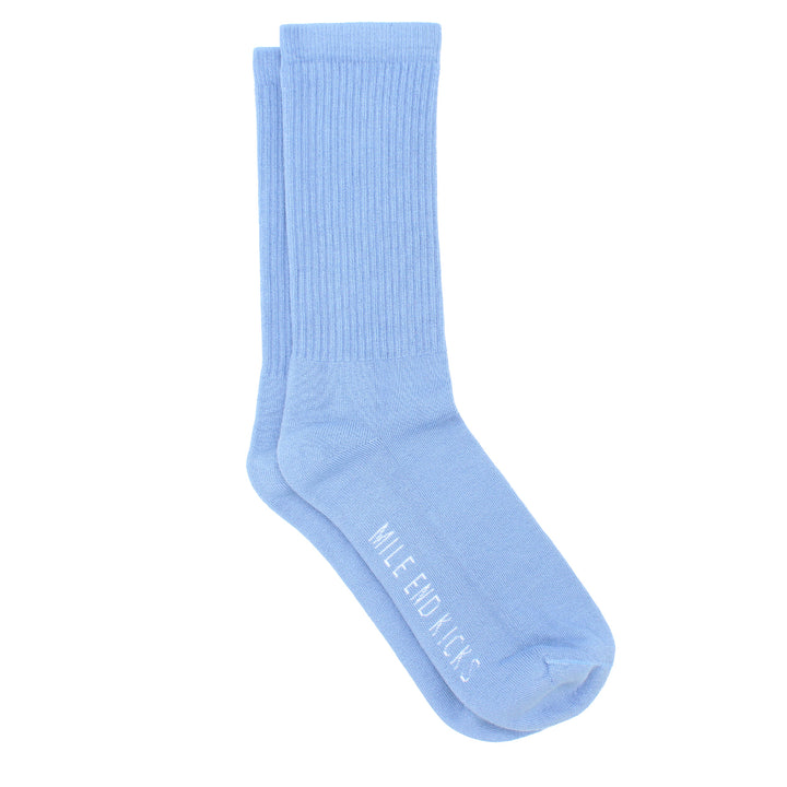Light blue sock with 'Mile End Kicks' branding on a white background