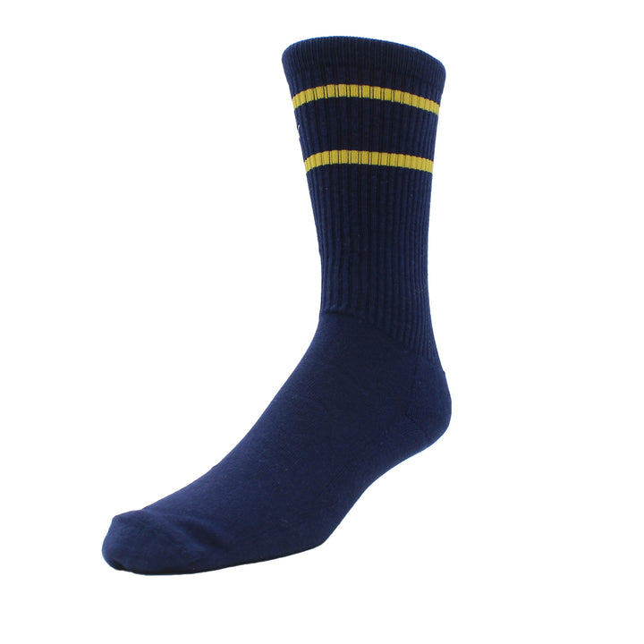 Navy blue sock with yellow stripes on a white background
