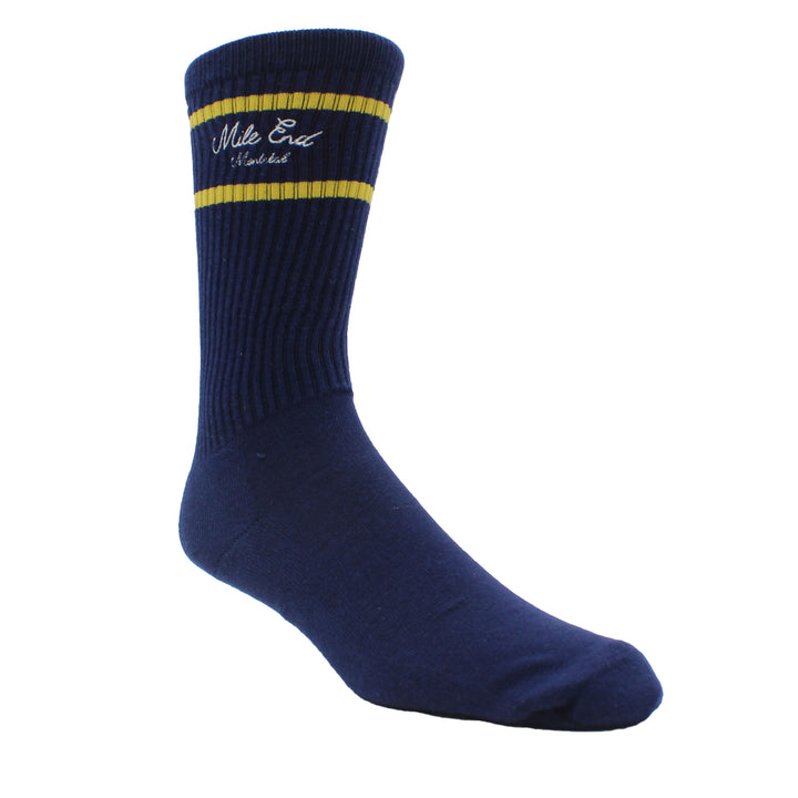Navy sock with yellow stripe on a white background