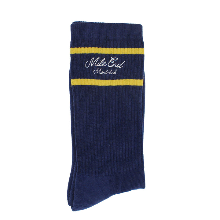 Navy sock with yellow band and 'Mile End' branding on a white background