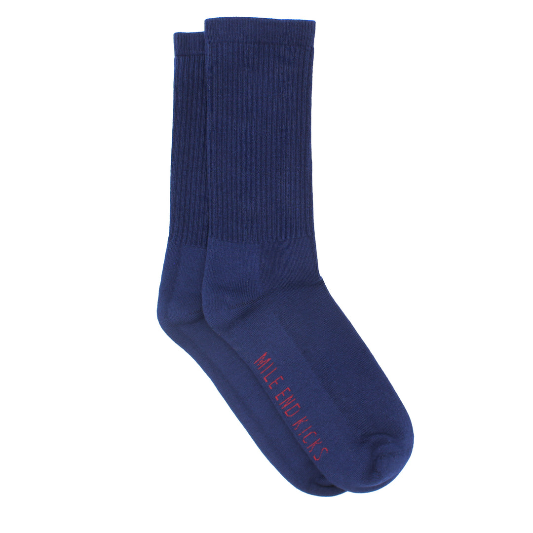 Blue sock with red text on a white background
