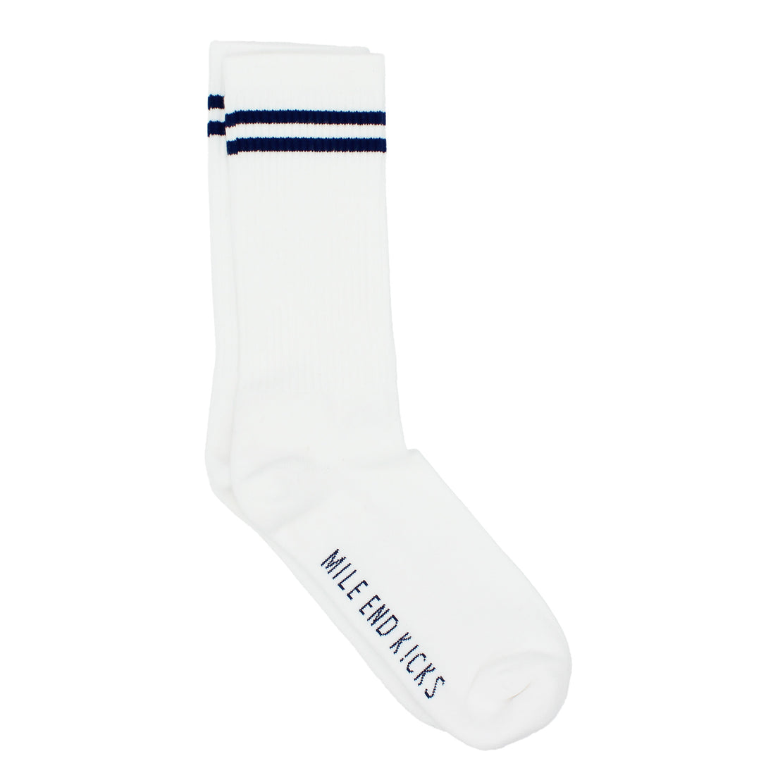 White sock with two blue stripes and 'Mile End Kicks' branding on a white background