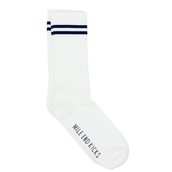 White sock with two blue stripes and 'Mile End Kicks' branding on a white background