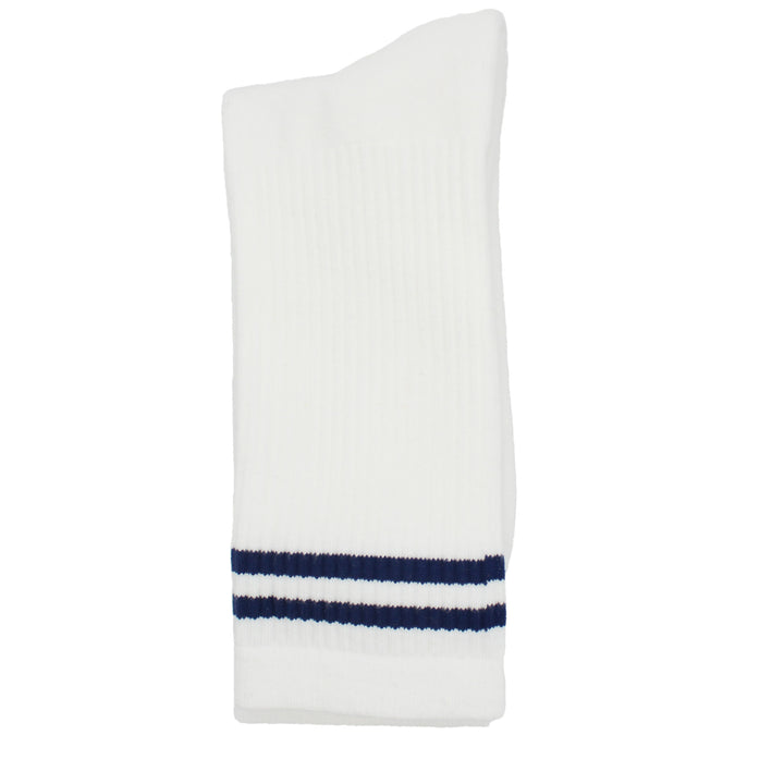 White sock with two blue stripes on a white background