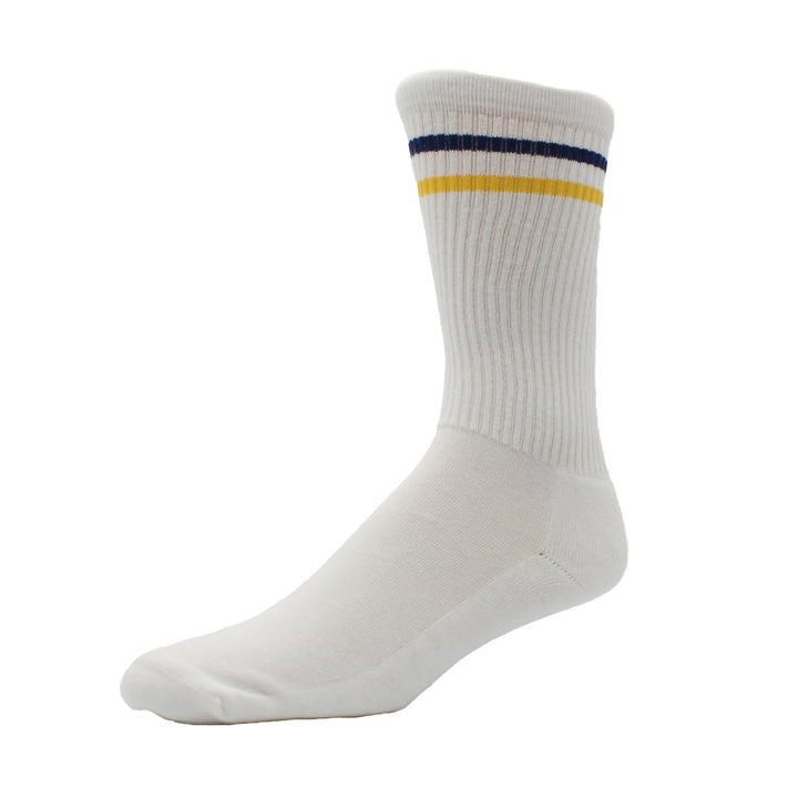 White sock with blue and yellow stripes on a white background