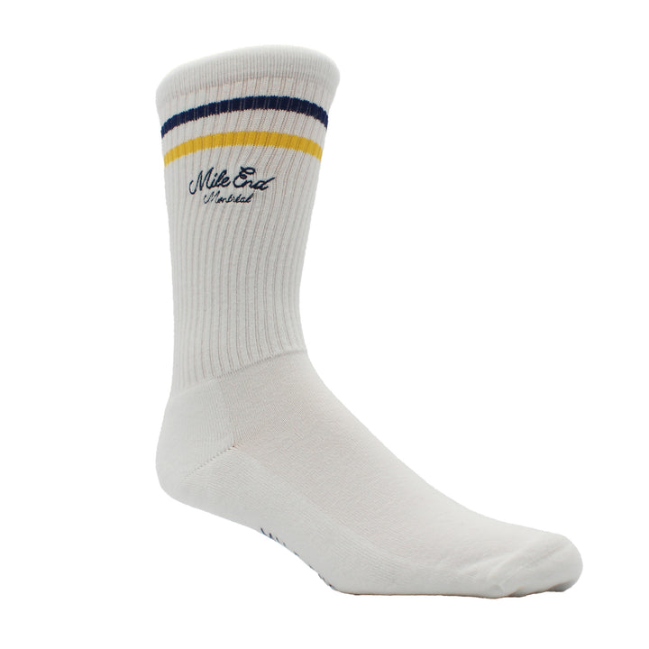 White sock with blue and yellow stripes on a white background