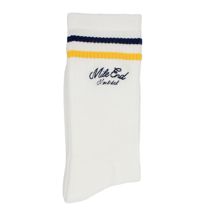 White sock with blue and yellow stripes on a white background