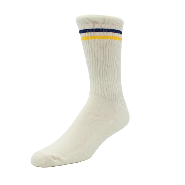 White sock with blue and yellow stripes on a white background