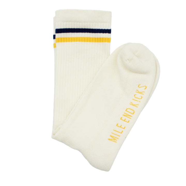 White sock with yellow text and stripes on a white background