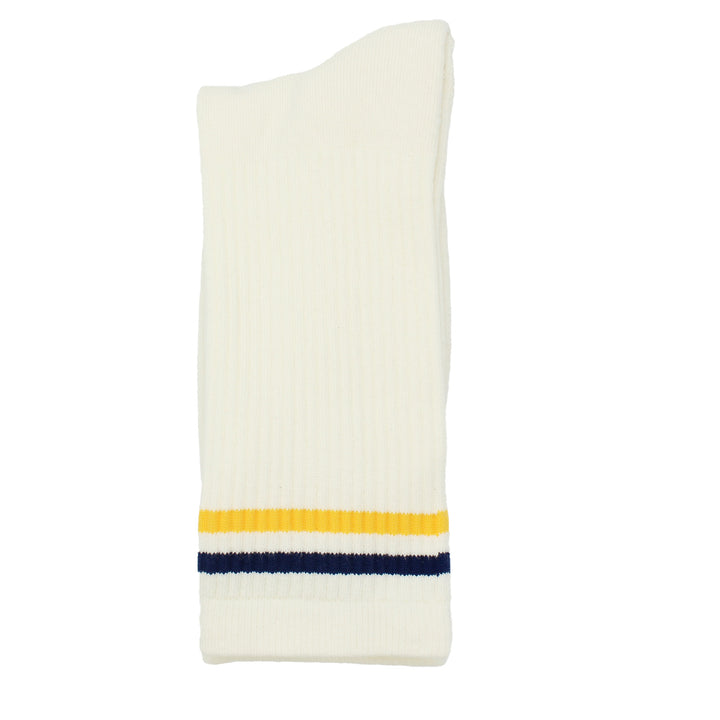 Cream-colored sock with yellow and blue stripes on a white background