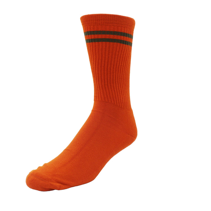 Orange sock with two green stripes on a white background
