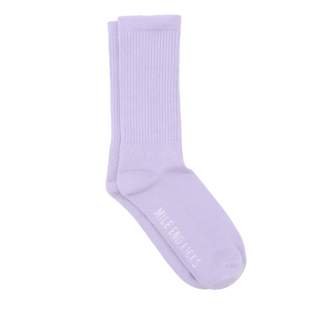 Lavender sock with brand name on a white background
