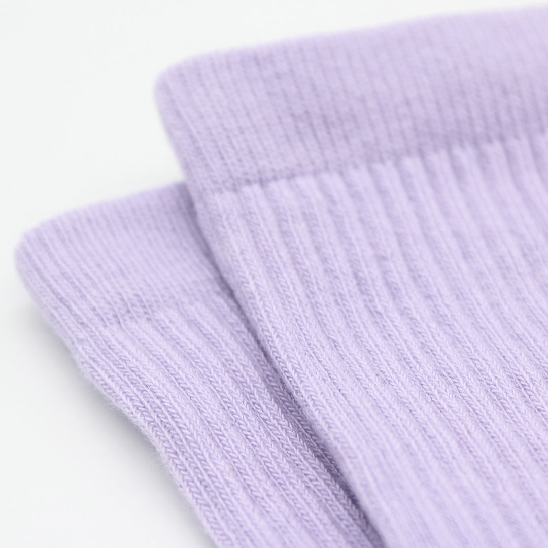 Close-up of two light purple socks on a white background