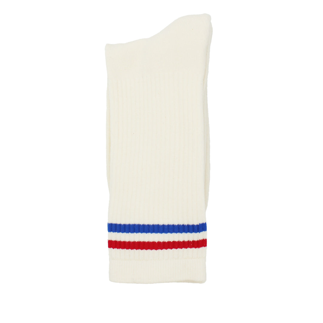 White sock with blue and red stripes on a white background