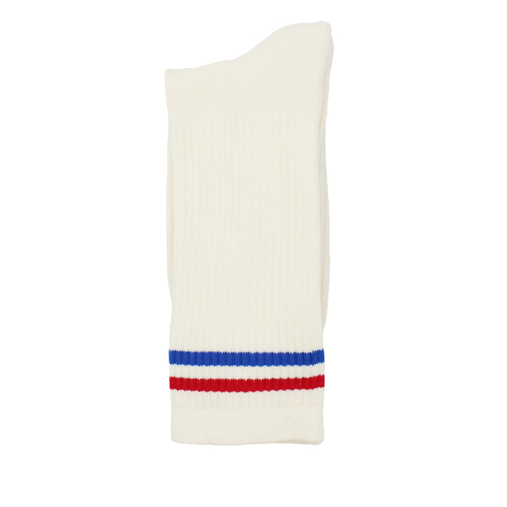 White sock with blue and red stripes on a white background