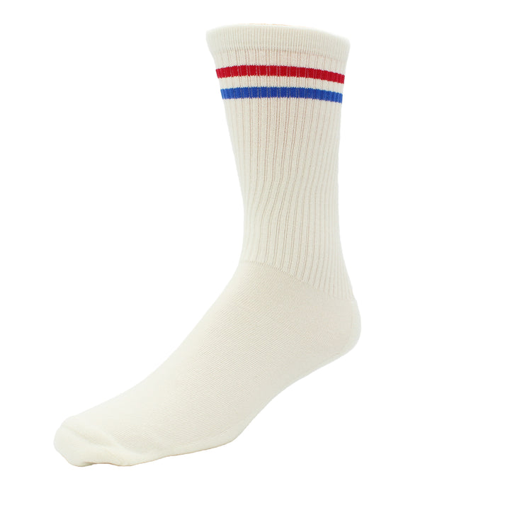 White sock with red, blue, and white stripes on a white background