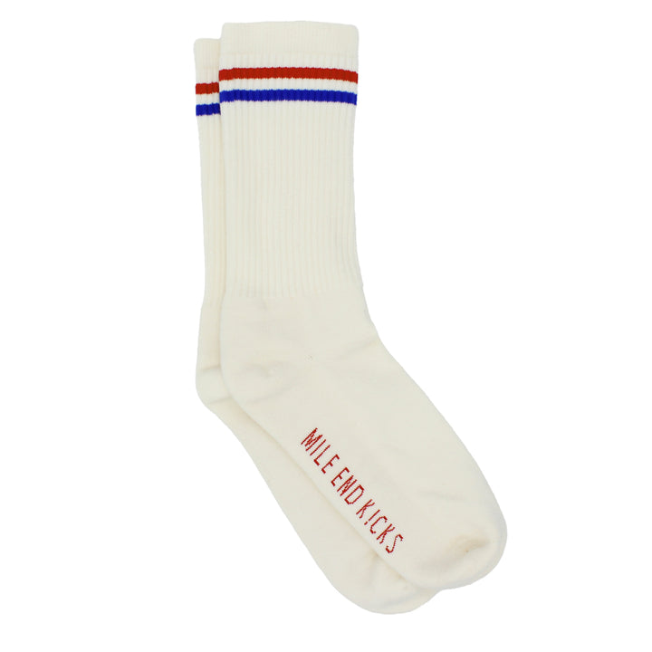 White sock with red, blue, and white stripes on a white background