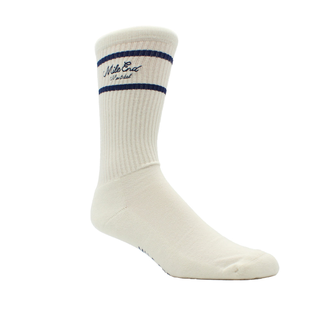White sock with a blue stripe on a white background