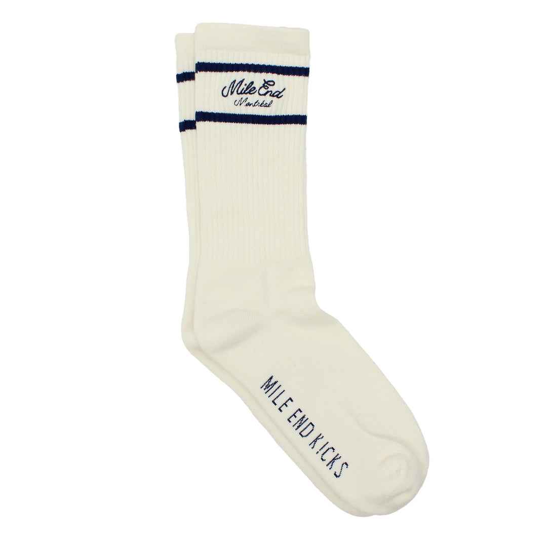 White sock with blue band and text on a white background