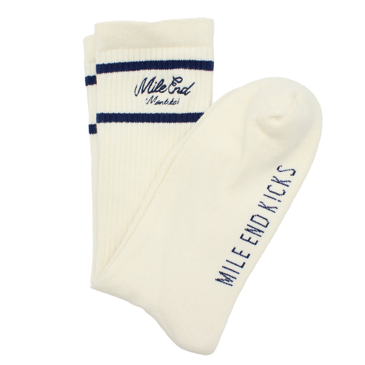 Pair of white socks with 'Mile End Kicks' branding on a white background