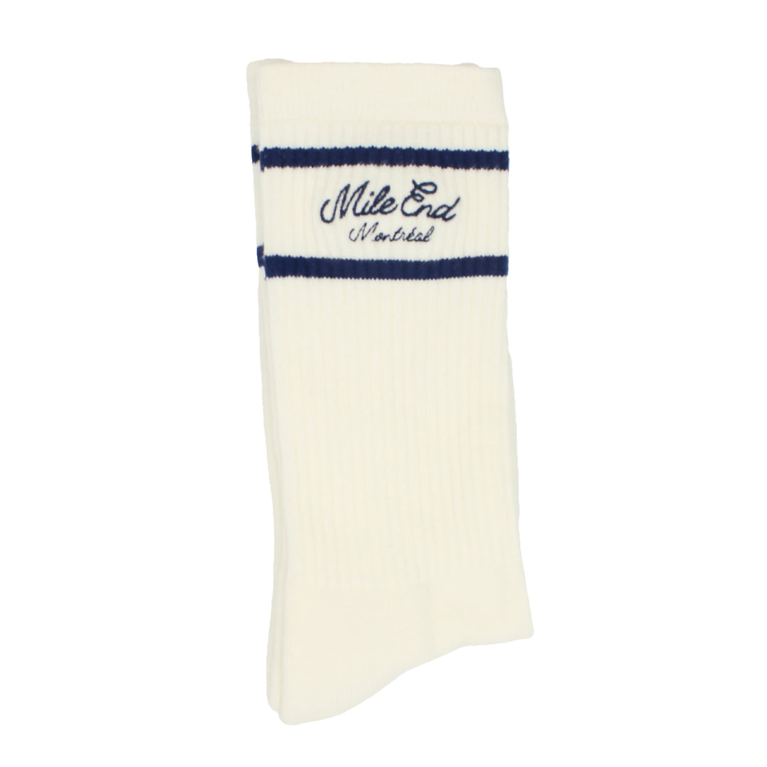 White sock with blue band and text on a white background