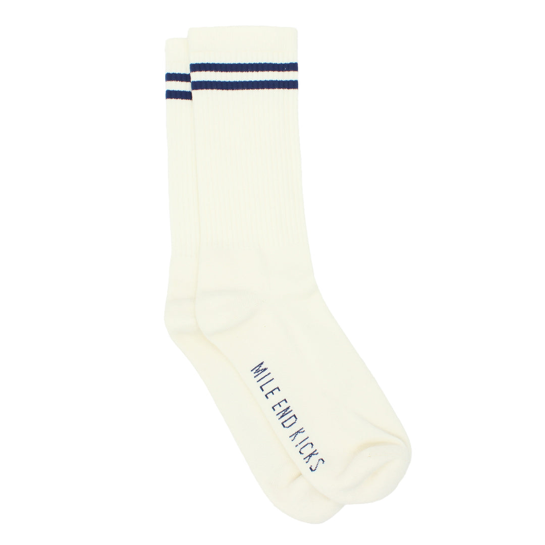 White sock with blue stripes and text on a white background