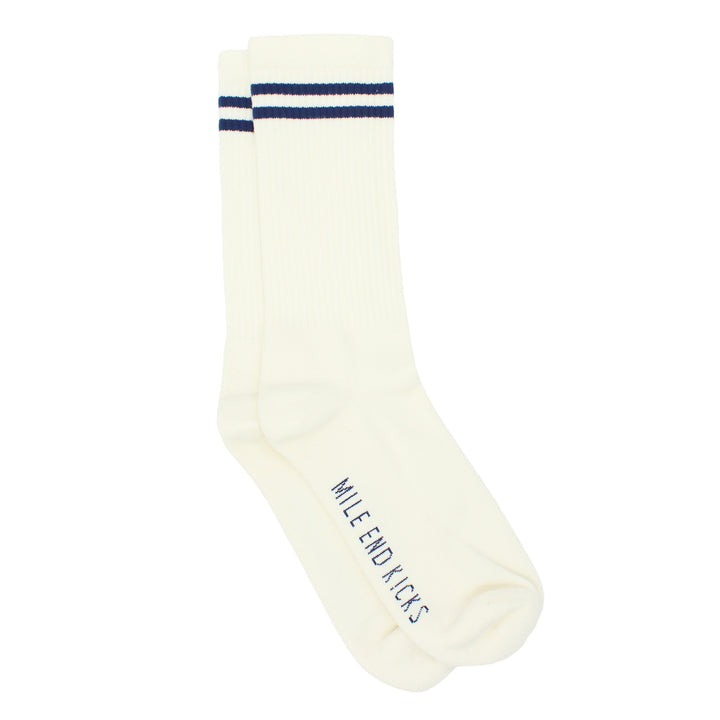 White sock with blue stripes and text on a white background