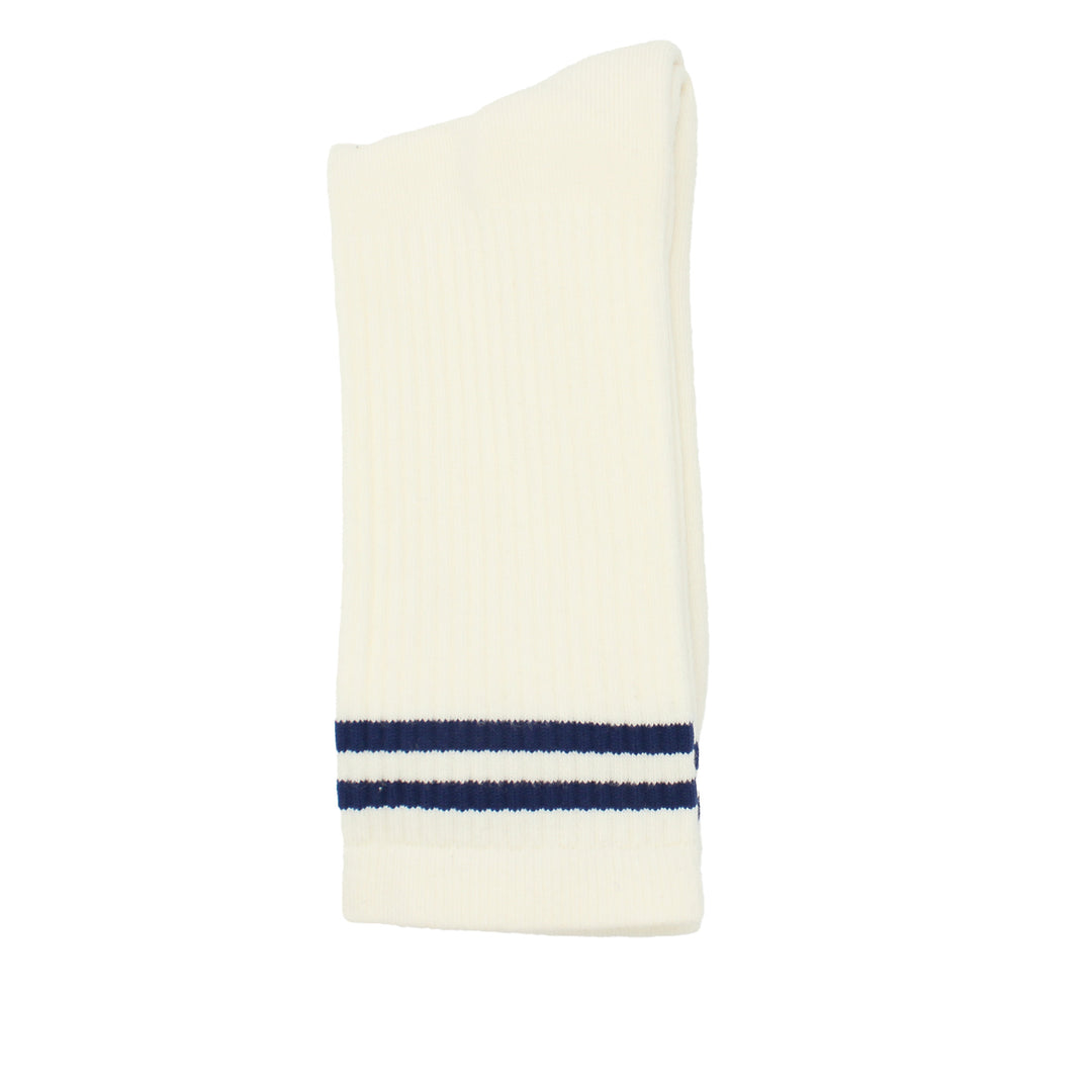 White socks with a blue stripe on a white background