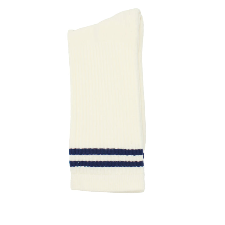 White socks with a blue stripe on a white background