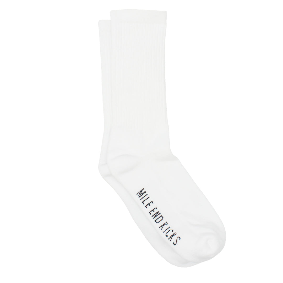 White sock with 'Mile End Kicks' text on a white background