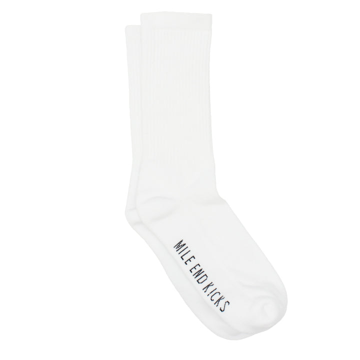 White sock with 'Mile End Kicks' text on a white background