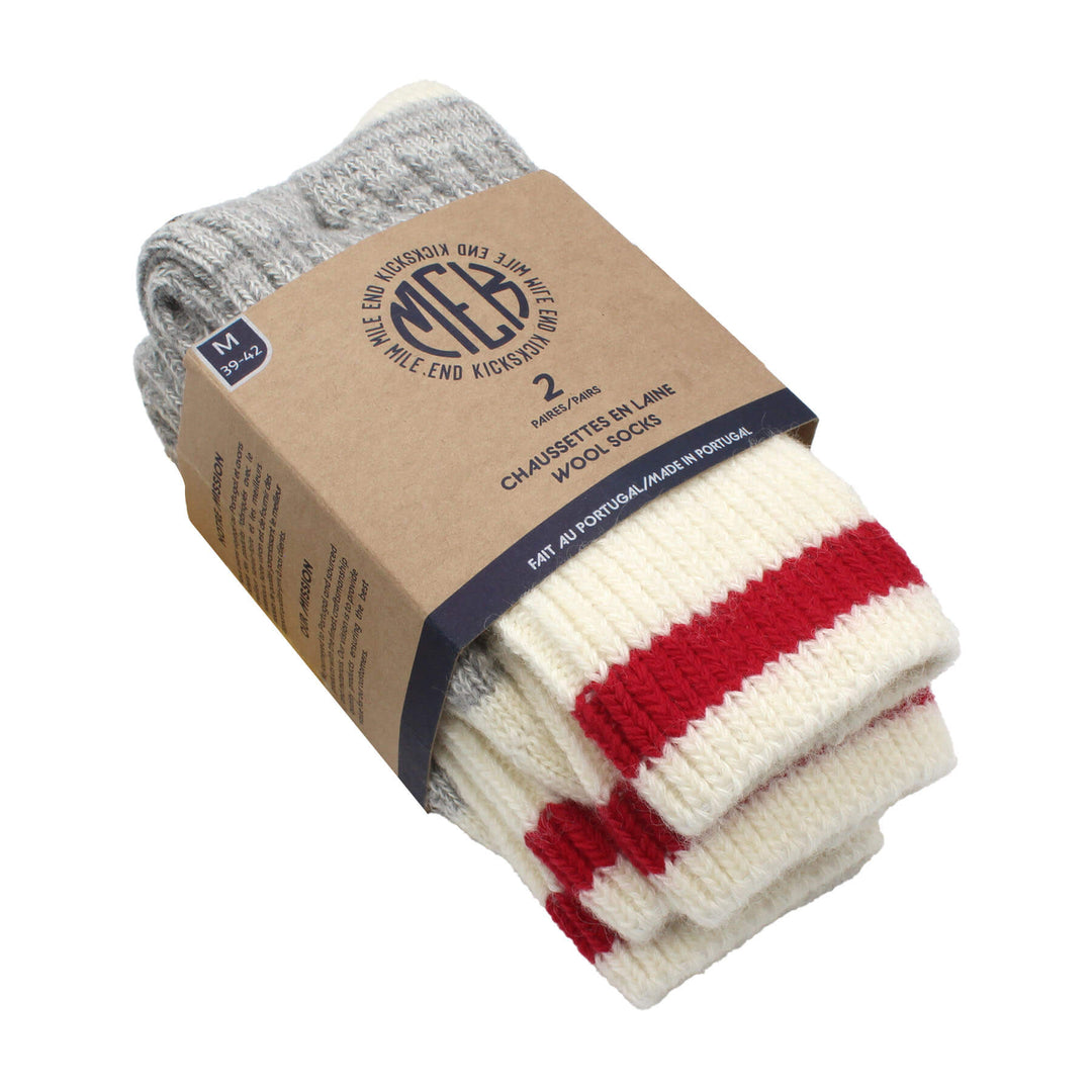 A packaged set of two MEK Canadiana Wool Socks, grey with a red and off white stripe pattern, displayed in a cardboard packaging with branding elements.
