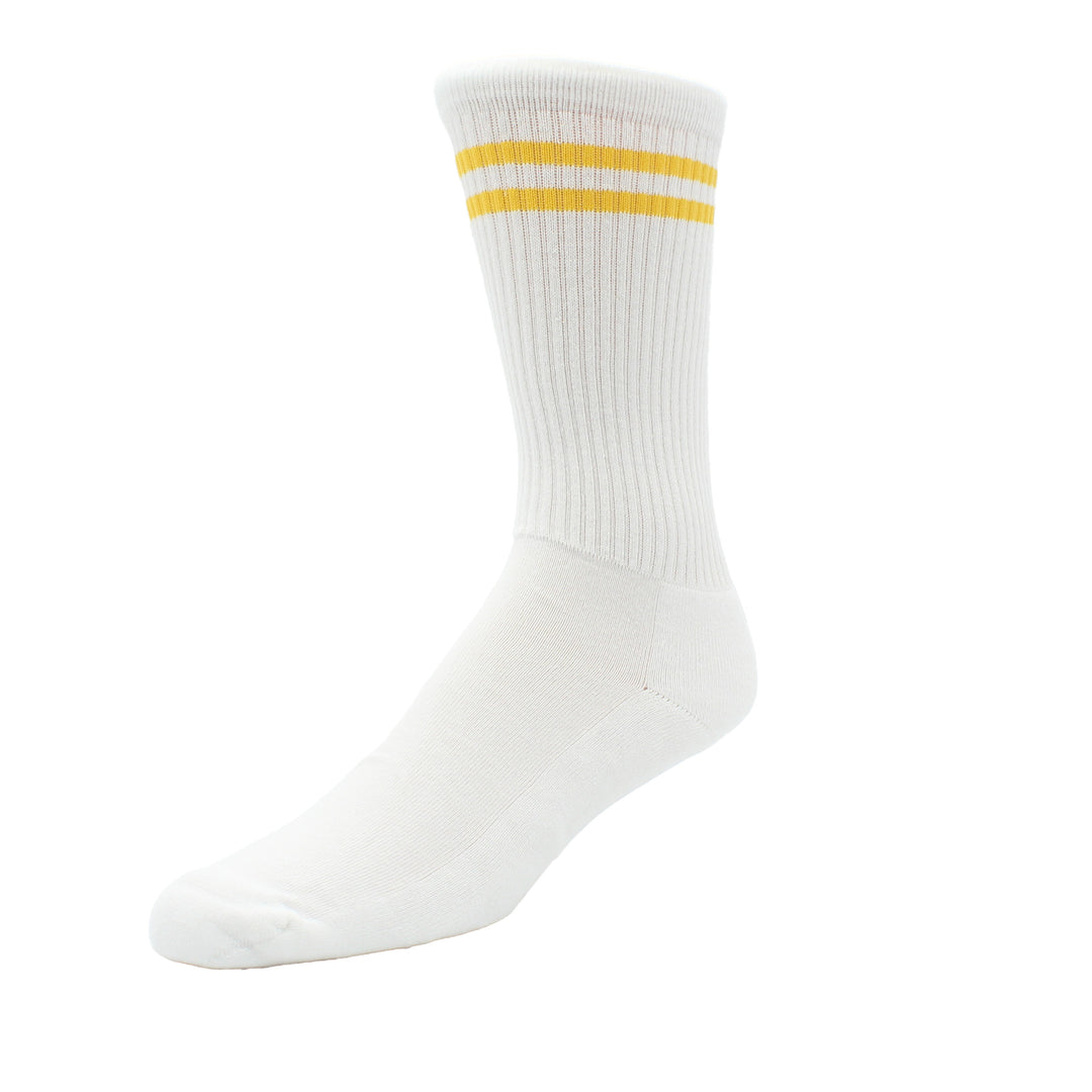 White sock with two yellow stripes on a white background