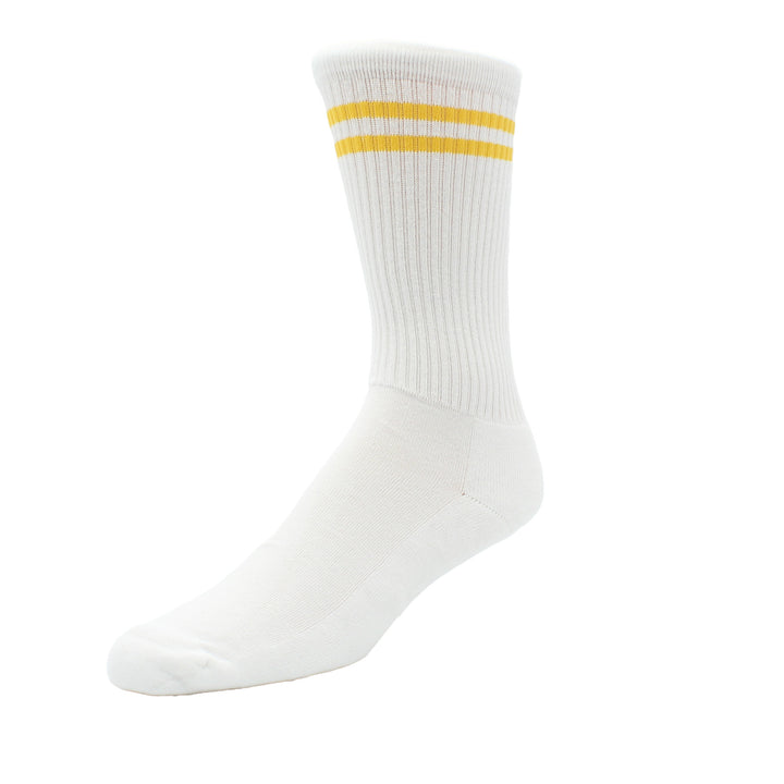 White sock with two yellow stripes on a white background
