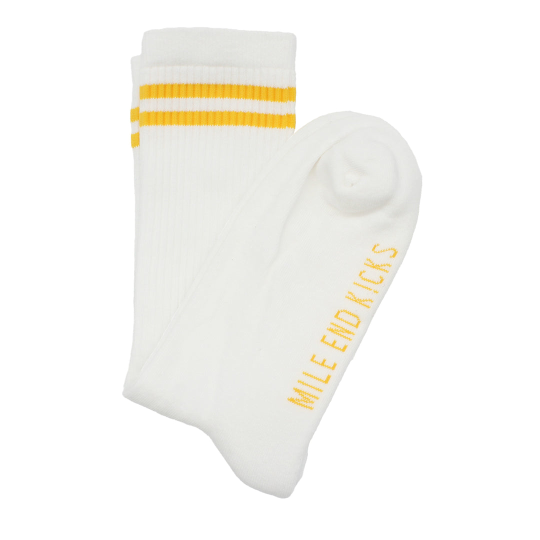 White socks with yellow stripes and text on a white background