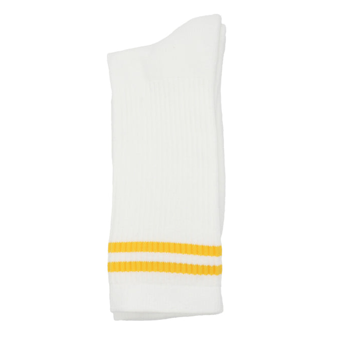 White sock with two yellow stripes on a white background