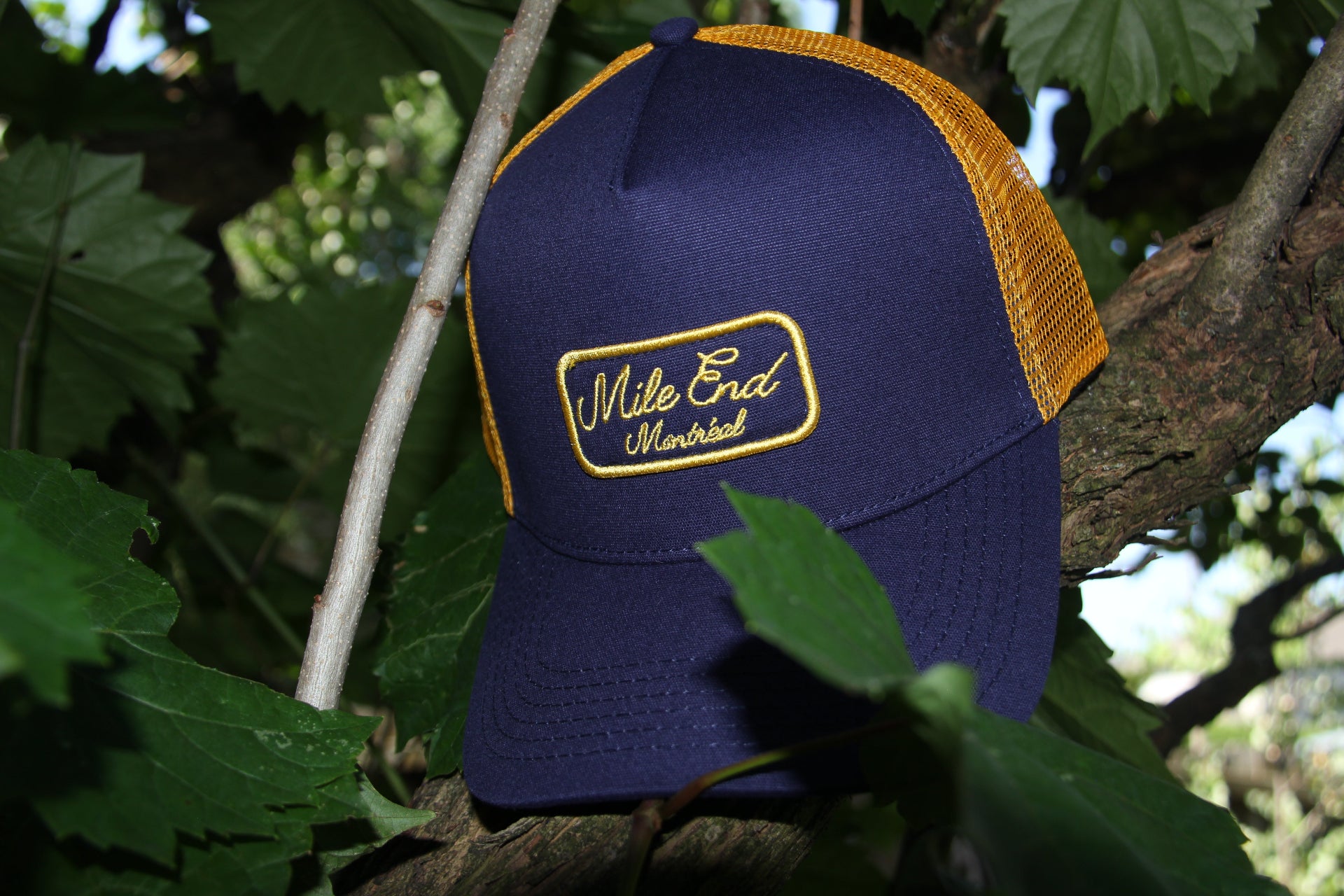 Navy blue and yellow cap with 'Mile End Montreal' logo on a branch with leaves