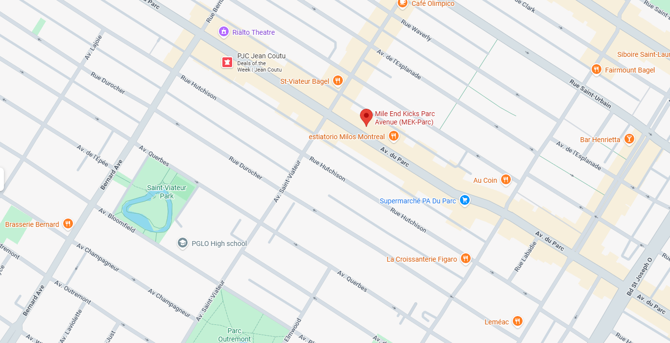 A picture of a map showing the Mile End of Montreal with a tagged location of the store Mile End Kicks.