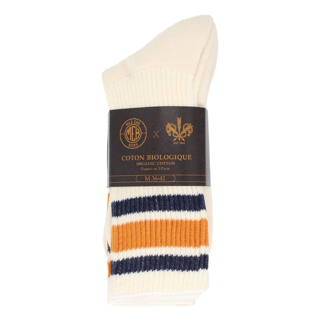 Mile End Kicks x Pedemeia Organic Cotton Vintage Sport Socks - Premium Organic Cotton - Ultimate Comfort & Style 3 pack of off-white sock with 3 stripes at the top