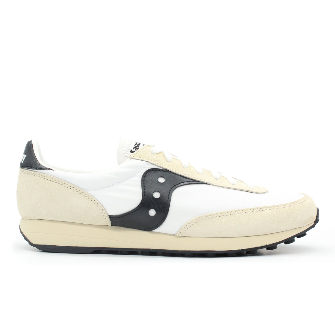 A white and black sneaker with cream accents and a black sole. The shoe is on a white background.