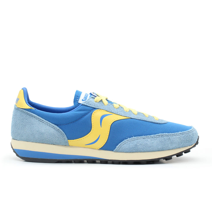 A blue and yellow shoe with a cream midsole and black sole. The shoe is on a white background.