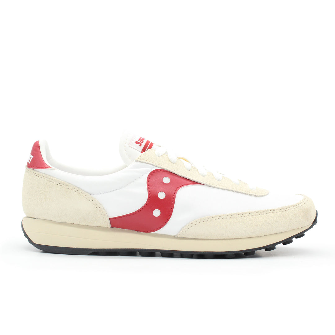 A red and white sneaker with cream accents and a black sole on a white background.