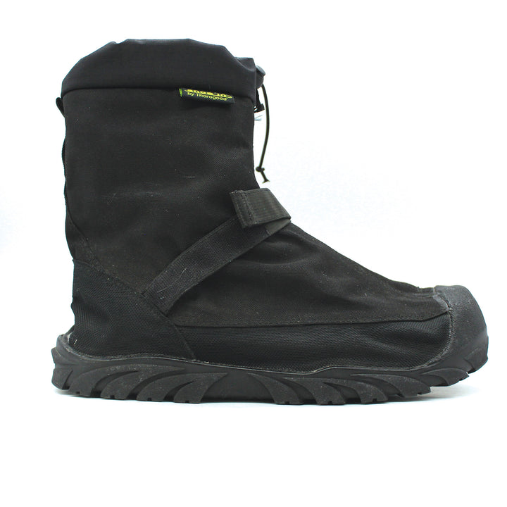 Black boot cover with a strap on a white background
